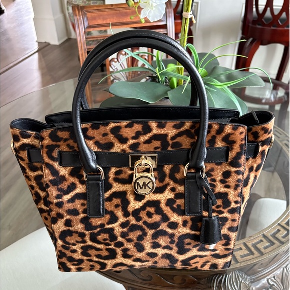 🤎🖤MICHAEL KORS HAMILTON LARGE CALF HAIR LEOPARD AND LEATHER SATCHEL BAG! 🤎🖤 - Picture 1 of 9